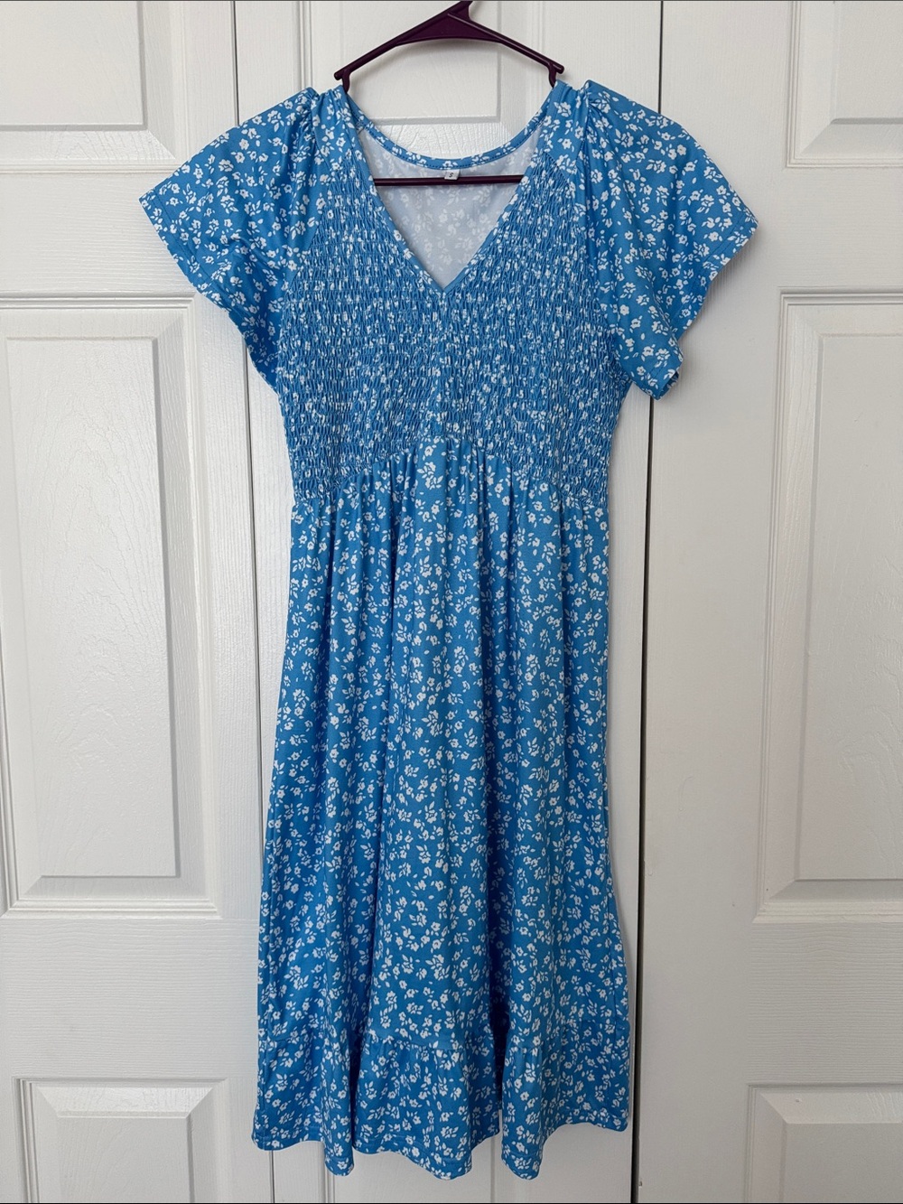 Blue Floral Midi Dress with Smocked Bodice